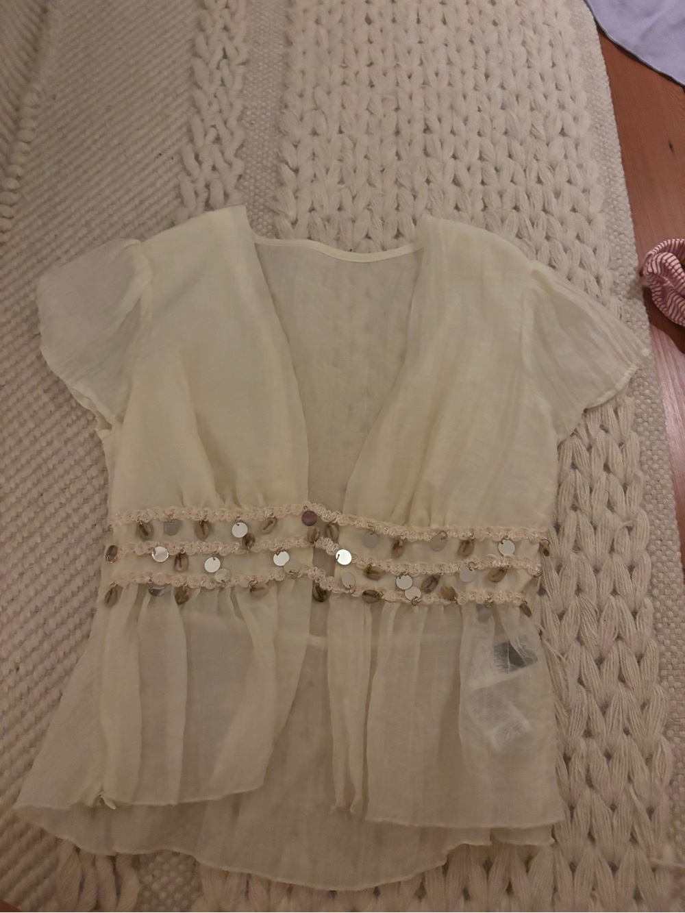 Girls Cream Short-Sleeve Sequin Waist Peplum Dress